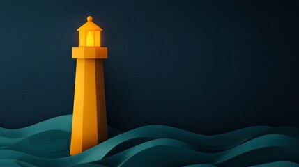 A stylized yellow lighthouse stands amidst rolling blue waves against a dark blue background, symbolizing guidance and safety at sea.