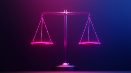A neon-lit balance scale symbolizing justice, law, and fairness with vibrant pink and blue lighting on a dark background.