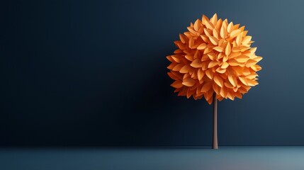 A minimalist image of a single tree with bright orange foliage against a dark blue background, casting a soft shadow on the floor.