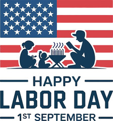 Family celebrating Labor Day with American flag background