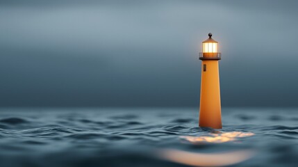 A solitary lighthouse stands resilient in a calm sea under a moody, overcast sky, its light glowing warmly amid the cool blue tones.
