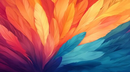 Abstract digital art featuring vibrant, multicolored feather-like shapes in warm reds, oranges, yellows, and cool blues, creating a dynamic and flowing composition.