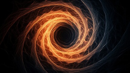 A digitally created fiery vortex with swirling orange and yellow flames spiraling into a dark central void on a black background.