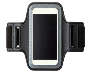 Running armband phone holder with a blank screen on a transparent background