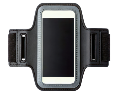 Running armband phone holder with a blank screen on a transparent background