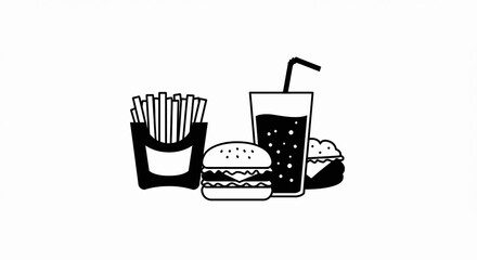 Classic Fast Food Combo: Bold Black and White Burger Fries and Soda Illustration.