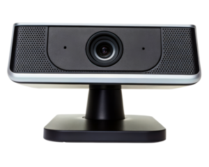Desktop computer webcam with integrated stereo speakers and lens on a transparent background