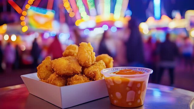 Fried popcorn chicken in paper tray at carnival food stand