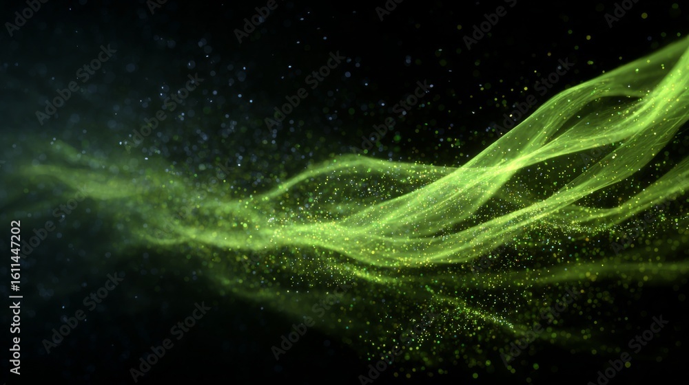 Poster futuristic green plasma motion trails with dust particles creating a magical visual experience in a 