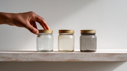 Hand picking a glass jar from a shelf with two others beside it