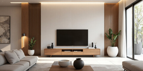 Living Room Interior Design Modern Home Minimalist living room with TV sofa wooden stand plants vases in apartment