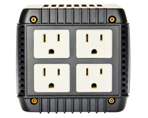 Heavy-duty industrial four-outlet power block with grounded sockets on a transparent background