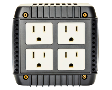 Heavy-duty industrial four-outlet power block with grounded sockets on a transparent background