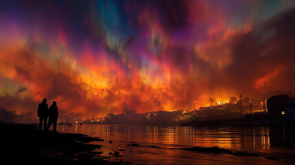 Disasters and aurora storm, global warming caused by humans in the future.