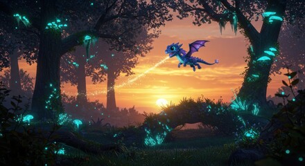 Fantasy forest sunset