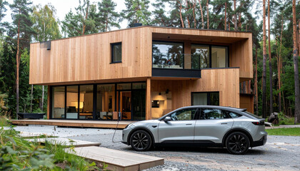 Fototapeta premium Electric Car Parked in Front of Modern Wooden House Surrounded by Forest, Featuring Minimalist Architecture and Sustainable Lifestyle