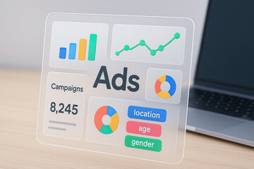 Digital advertising dashboard with colorful charts and data visualization showing campaign metrics, location, age, and gender targeting on transparent interface