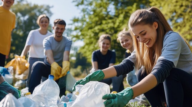 Group of volunteers participating in a community cleanup event at a park on a sunny afternoon - Powered by Adobe