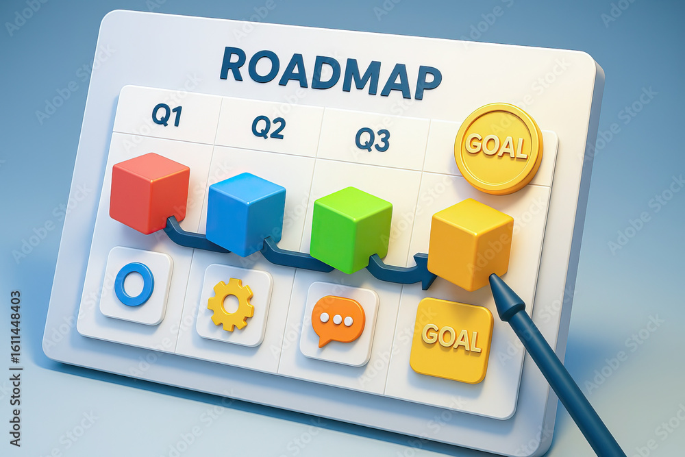 Poster roadmap concept with colorful 3d cubes representing quarterly goals and progress, connected by arrow