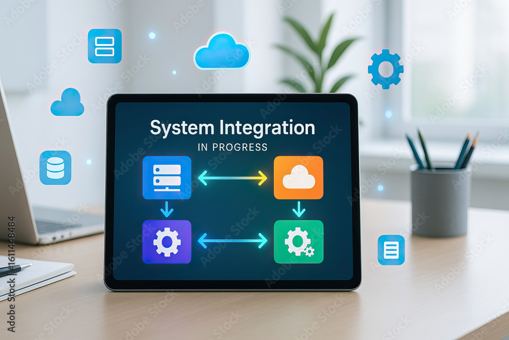 Aufkleber system integration concept on digital tablet screen with cloud and database icons, modern office wor