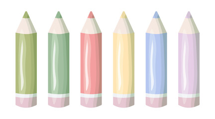 Set of six pastel colored pencils in a cartoon style. Cute and minimalistic illustration for kids, school design, stationery, or creative projects. Isolated on white background.