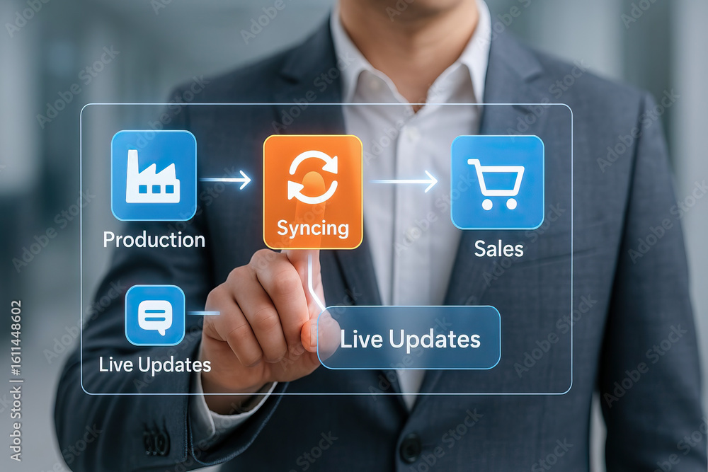 Poster businessman touching virtual screen with production, syncing, sales, and live updates icons, illustr