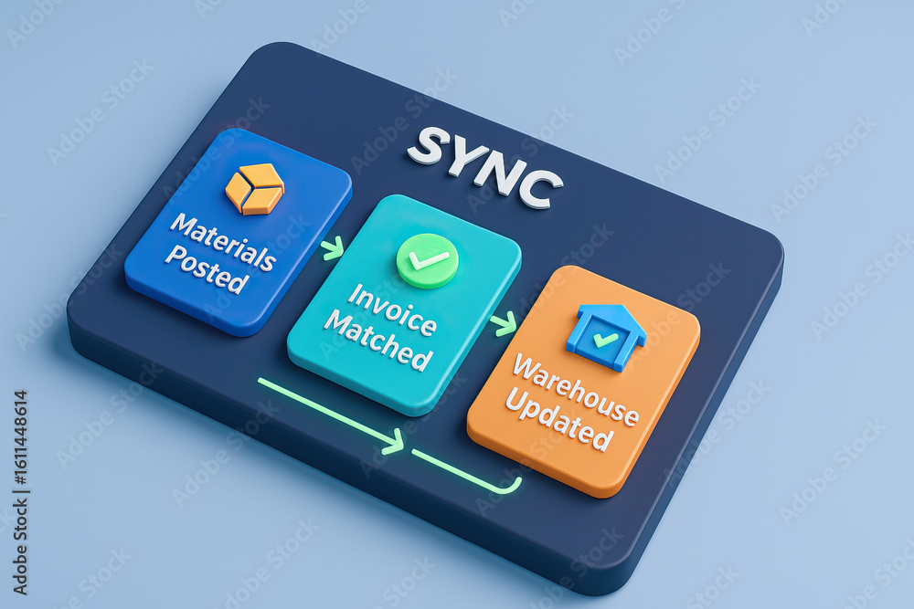 Poster sync process concept with materials posted, invoice matched, and warehouse updated steps shown on bl
