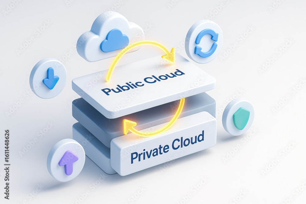 Poster public cloud and private cloud data exchange concept with 3d icons for upload, download, synchroniza