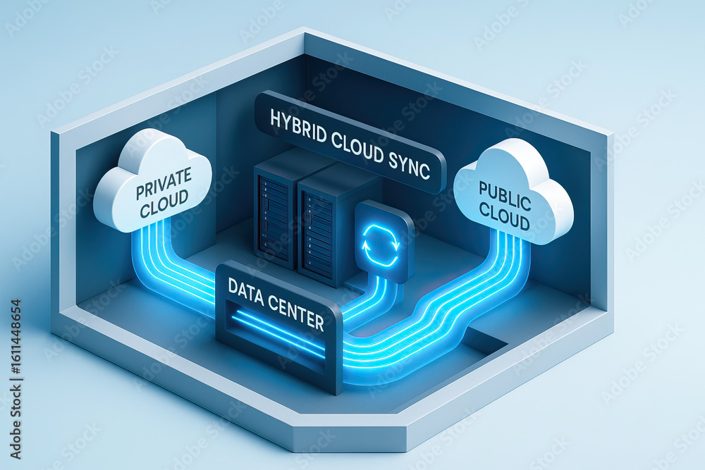 Poster hybrid cloud sync concept with private cloud, public cloud, and data center connected by glowing blu