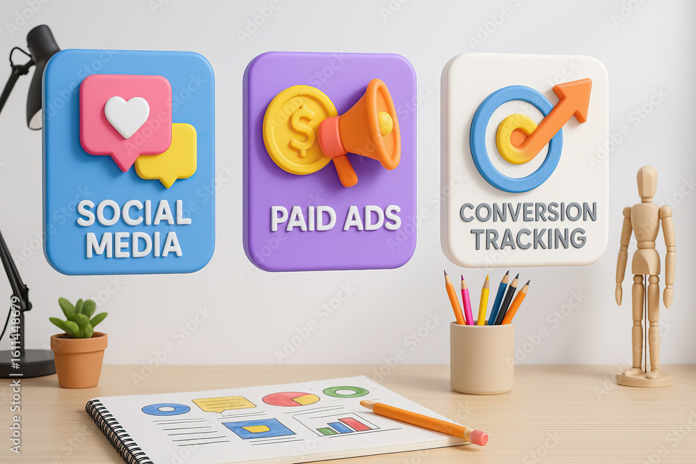 Poster social media paid ads and conversion tracking icons float above desk with marketing strategy charts 