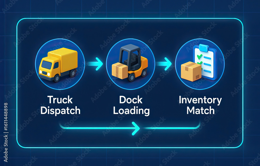 Poster supply chain resilience illustrated with truck dispatch dock loading and inventory match icons showi