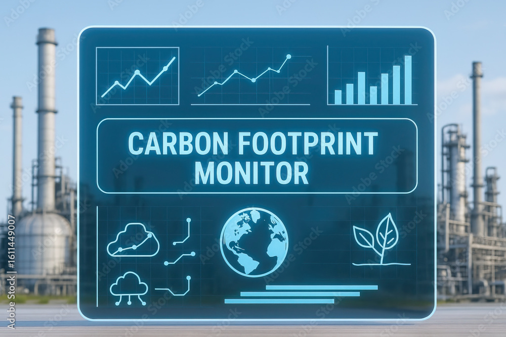 Poster carbon footprint monitor concept with digital interface showing environmental data and graphs in fro