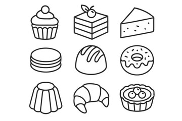 Collection of sweet pastry icons silhouette isolated on white background