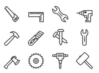Collection of twelve construction and diy tool icons silhouette isolated on white background
