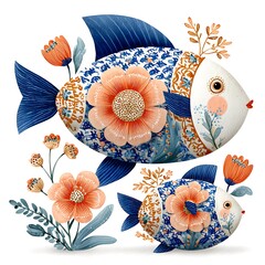 Whimsical Blue and Orange Floral Fish Mother and Baby Underwater Clipart Illustration