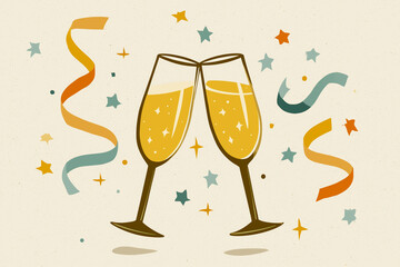 Stylized champagne glasses clinking amid streamers and stars on a festive beige background