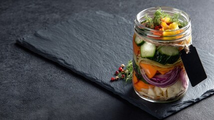 Jar of colorful pickled vegetables with a blank tag on dark slate