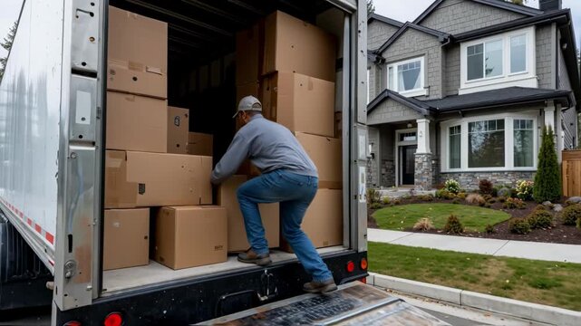 A mover loads a large cardboard box onto a moving truck in front of a beautiful suburban house, a concept for relocation services, real estate, and moving day