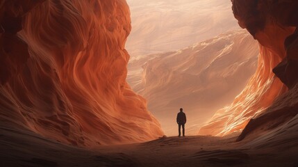 lone man facing slot canyon with glowing red sandstone under soft desert light