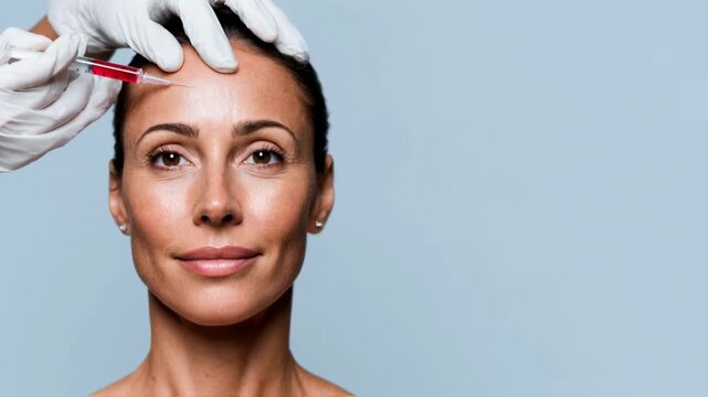 A woman receives a cosmetic forehead injection from a cosmetologist for skin rejuvenation, a concept for the beauty and dermatology industry focused on anti-aging