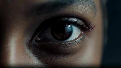 An extreme close-up macro shot of a human eye opening slowly in the dark, revealing the iris, a concept for awakening, perception, vision, and biometric security
