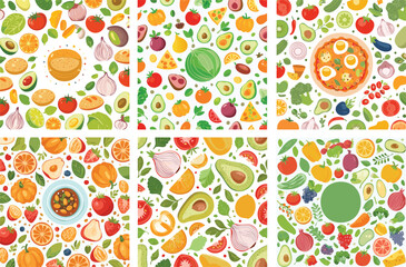 A vibrant collection of six food-themed patterns featuring fresh fruits, vegetables, and prepared meals.