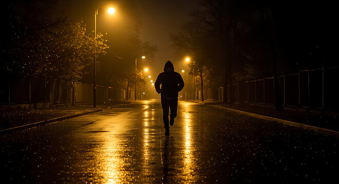 Silhouette of a mysterious man in a hoodie running down a wet, foggy street illuminated by streetlights at night
