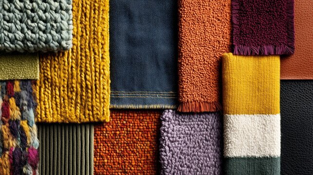 top down patchwork fabric textures in autumn winter colors with high contrast detail