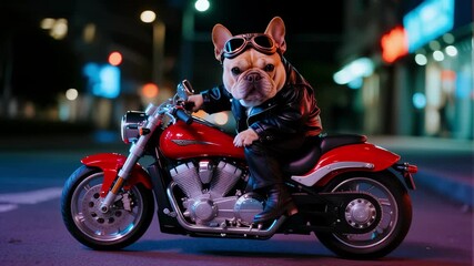 Animation of a cool french bulldog in a leather jacket and goggles riding a motorcycle on a city street at night, a concept for humor, freedom, and unexpected adventure - Powered by Adobe