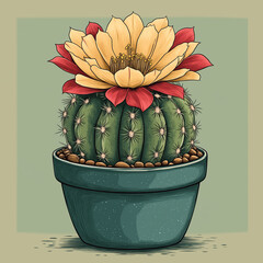 The cactus plant is beautiful in its pot with vibrant and colorful flower. One type of cactus that peple commonly keep at home.