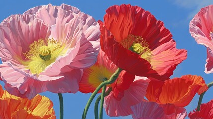 closeup pink and red poppies with yellow accents under blue sky in painting style