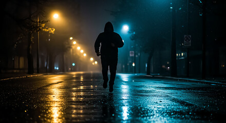 Lone hooded figure running on a wet, atmospheric city street at night with dramatic lighting
