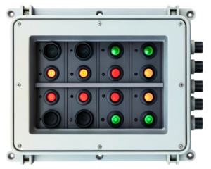 Weatherproof electrical control box with push buttons and lights on a transparent background