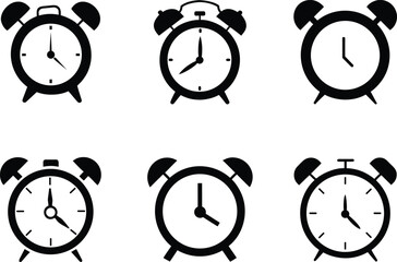 Alarm clock icon set - 6 minimalist timepiece outlines, EPS JPEG PNG
